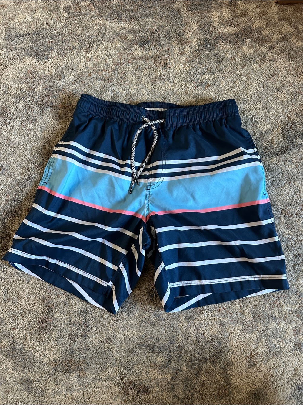 Men's Navy Blue Striped Swim Trunks with Light Blue and Coral Stripe